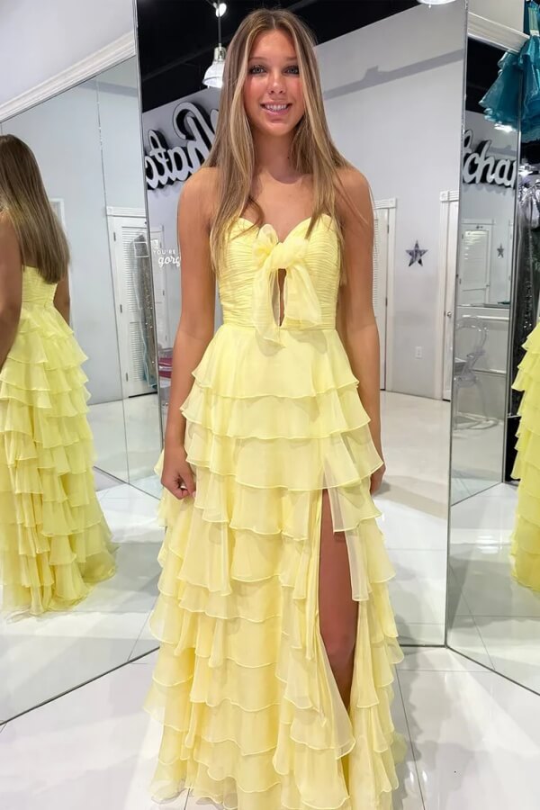 Yellow Chiffon A-line Strapless Tiered Prom Dress, MP994