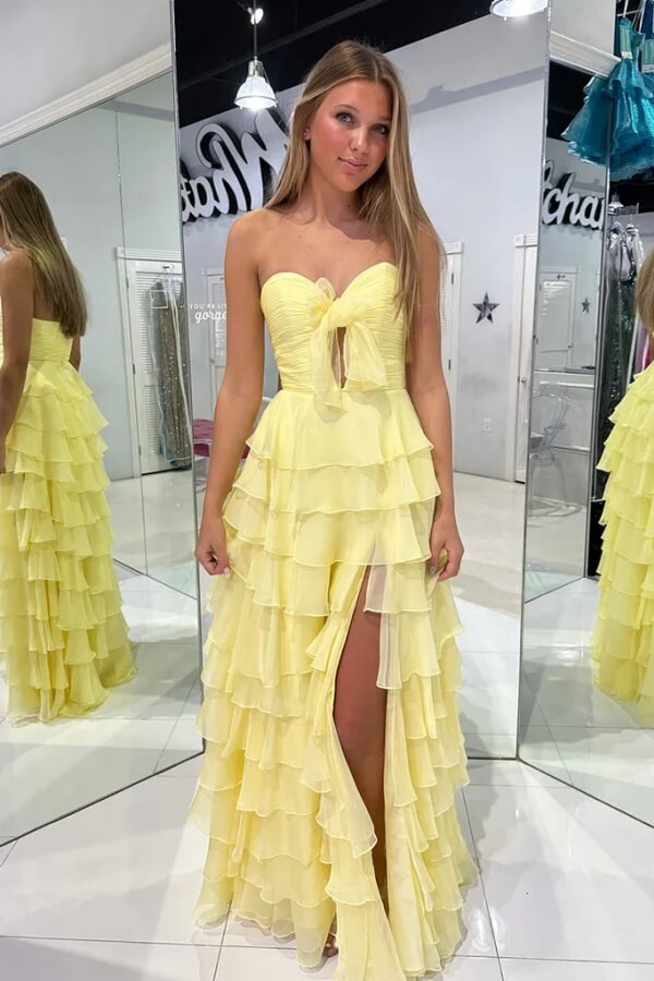 Yellow Chiffon A-line Strapless Tiered Prom Dress, MP994 | Musebridals Yellow Chiffon A-line Strapless Tiered Prom Dress, MP994 | Musebridals
