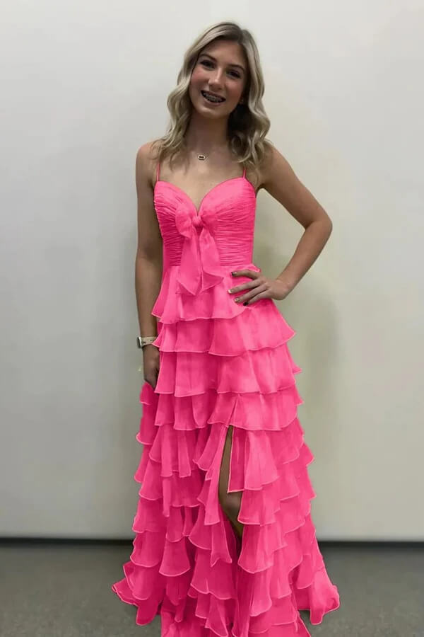 Yellow Chiffon A Line Spaghetti Straps Ruffled Long Prom Dresses, MP1058 | pink prom dress | prom dress for girls | custom made prom dress | musebridals.com