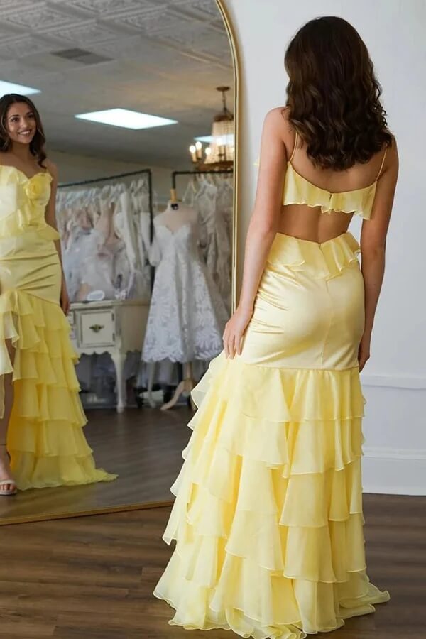 Yellow Chiffon Mermaid V Neck Ruffled Long Prom Dresses, Evening Dresses, MP1059 | mermaid prom dress | new arrival prom dress | long formal dress | musebridals.com