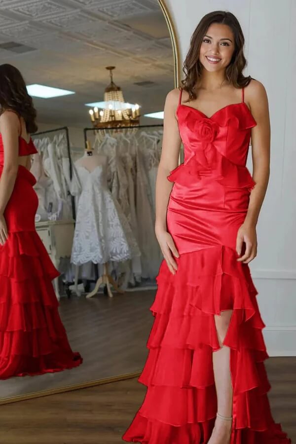 Yellow Chiffon Mermaid V Neck Ruffled Long Prom Dresses, Evening Dresses, MP1059 | red prom dress | custom made prom dress | prom dresses near me | musebridals.com