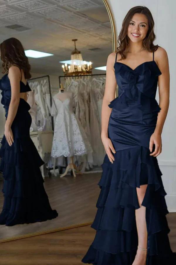 Yellow Chiffon Mermaid V Neck Ruffled Prom Dresses With Flower, MP1036 | navy prom dress | evening gown | prom dress stores | musebridals.com