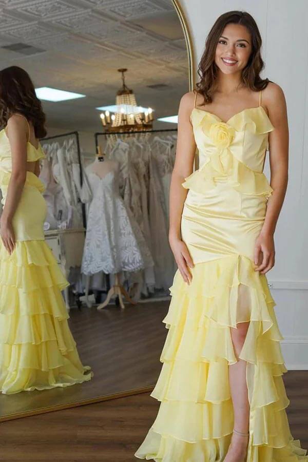 Yellow Chiffon Mermaid V Neck Ruffled Prom Dresses With Flower, MP1036 | simple prom dress | cheap prom dress | mermaid prom dress | musebridals.com