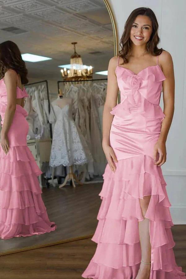 Yellow Chiffon Mermaid V Neck Ruffled Prom Dresses With Flower, MP1036 | pink prom dress | senior prom dress | long formal dress | musebridals.com