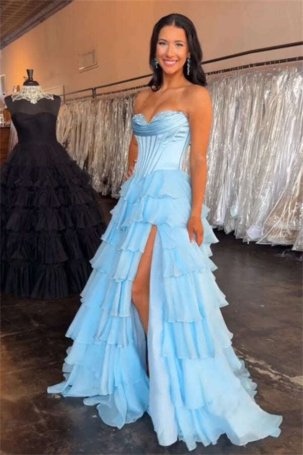 mermaid cut wedding dress Yellow Tiered A Line Sweetheart Prom Dresses, MP1093