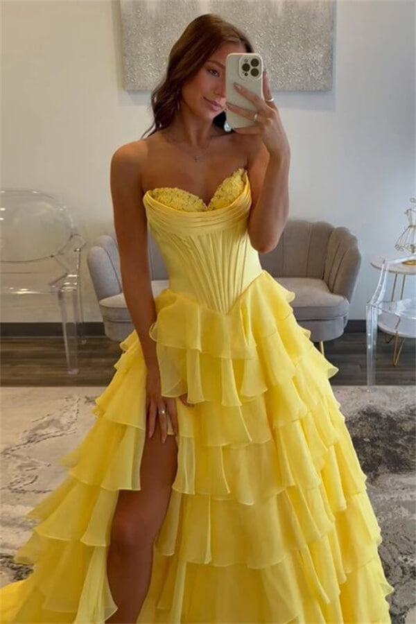 Yellow Tiered A Line Sweetheart Prom Dresses, MP1093