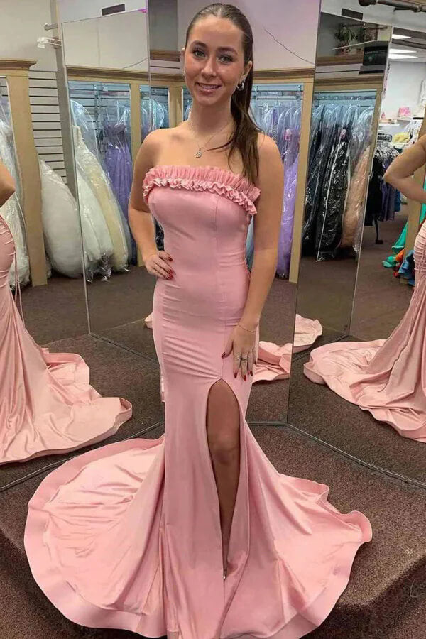 Yellow Satin Mermaid Ruffled Strapless Long Prom Dresses With Slit, MP1037 | Pink prom dress | cheap prom dress | prom dresses near me | musebridals.com