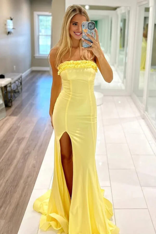 Yellow Satin Mermaid Ruffled Strapless Long Prom Dresses With Slit, MP1037 | simple prom dress | evening dresses | long prom dress | musebridals.com