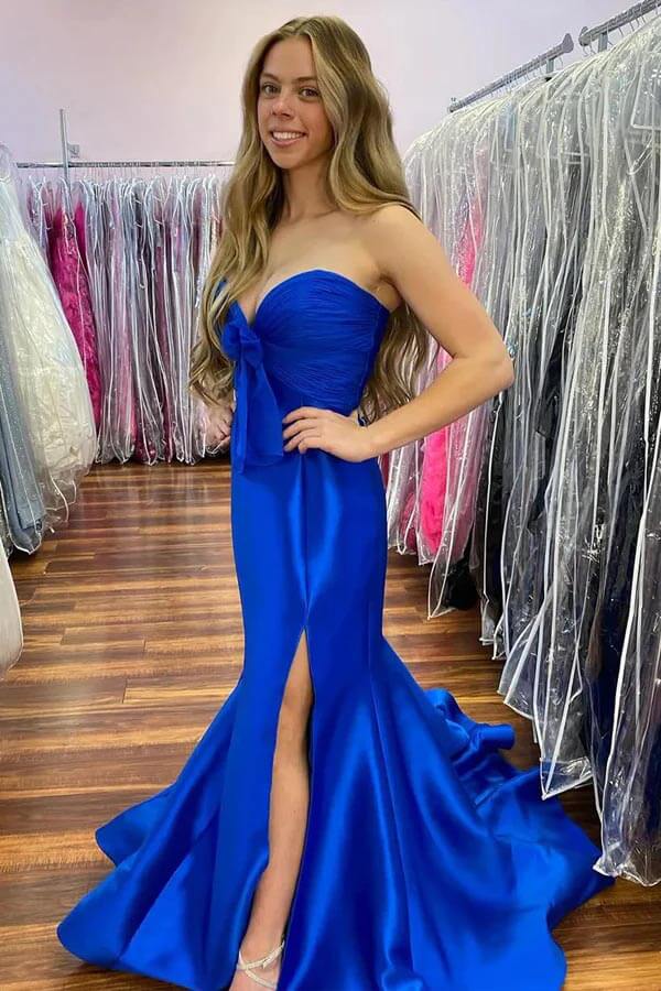 Yellow Satin Mermaid Strapless Slit Prom Dresses, MP1008 | Musebridals Yellow Satin Mermaid Strapless Slit Prom Dresses, MP1008 | Musebridals