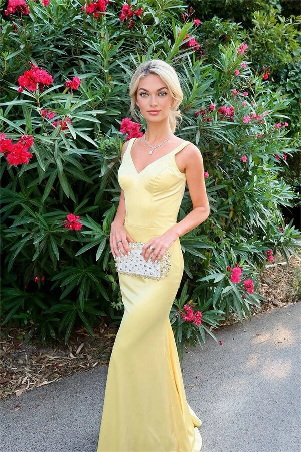 yellow silk prom dress open back Yellow V Neck Open Back Satin Prom Dresses
