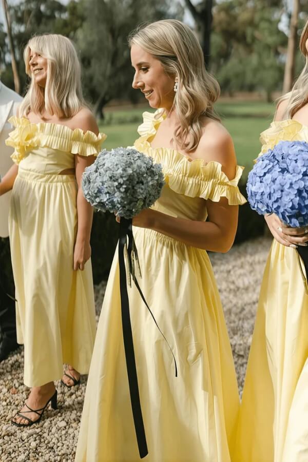 Yellow Satin Long Bridesmaid Dress With Ruffles, MBD316