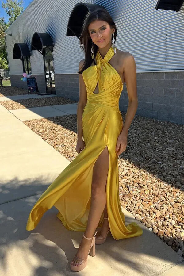yellow satin dress halter Yellow Satin Ruched Halter Prom Dresses, MP1124