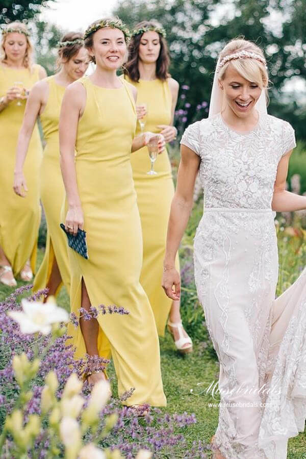 bridesmaid dresses one shoulder short Satin Lace Up Bateau Sleeveless Maxi Yellow Prom Dress Party Dress –  Pgmdress main image 0