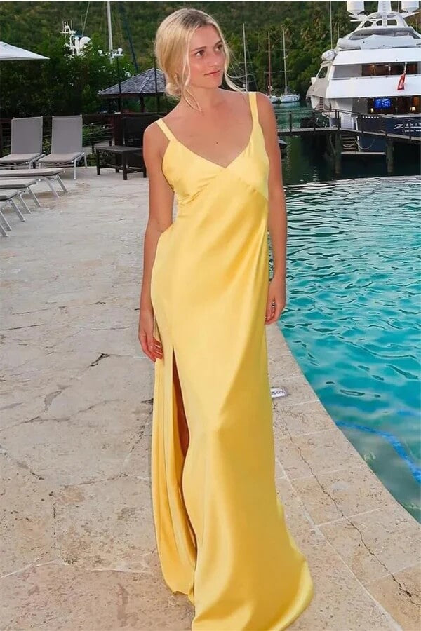 Yellow Satin V Neck Tie-back LBridesmaid Dresses, MBD293