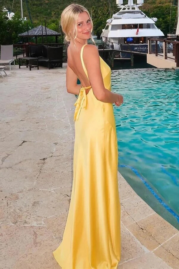 Yellow Satin V Neck Tie-back LBridesmaid Dresses, MBD293 | Musebridals Yellow Satin V Neck Tie-back LBridesmaid Dresses, MBD293 | Musebridals