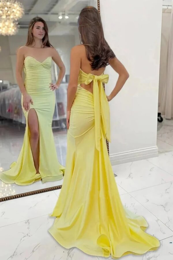 strapless open back dress Yellow Satin Strapless Prom Dress With Bow, MP1083