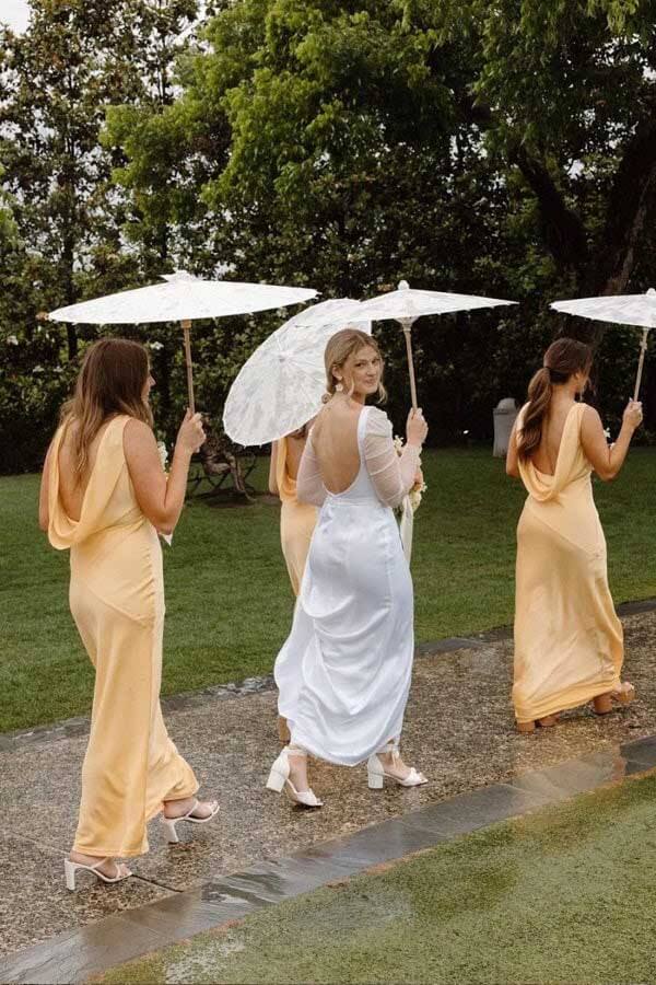 Yellow Silk Satin Sheath V Neck Bridesmaid Dresses, Bridal Party Dress,  MBD304