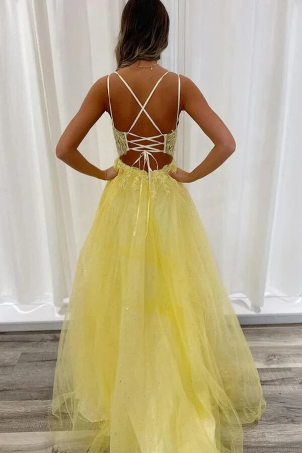 Yellow Tulle A-line V-neck Backless Lace Appliques Long Prom Dresses, MP950 Yellow Tulle A-line V-neck Backless Lace Appliques Long Prom Dresses, MP950