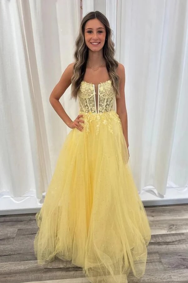 Yellow Tulle A-line Backless Lace Prom Dresses, MP950