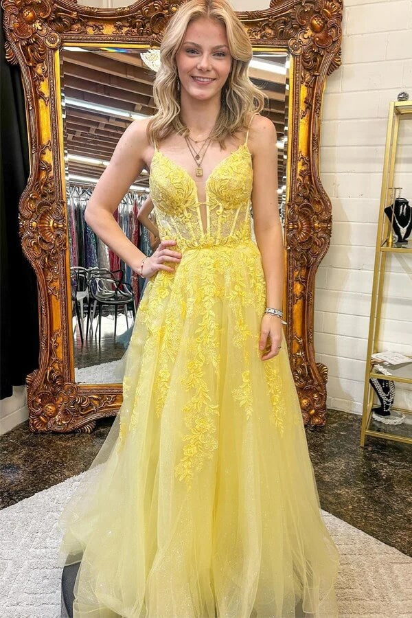 yellow mustard prom dress Yellow Tulle A-line V-neck Lace Prom Dresses, MP912