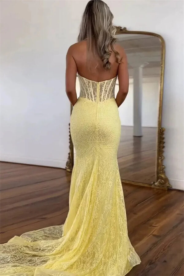 Yellow Tulle Lace Mermaid Halter Prom Dress, MP1086