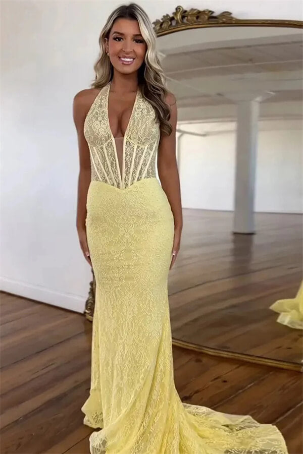 Yellow Tulle Lace Mermaid Halter Prom Dress, MP1086