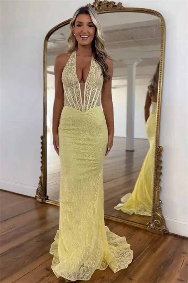 Yellow Tulle Lace Mermaid Halter Prom Dress, MP1086