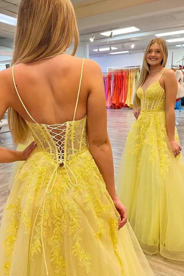 Yellow Tulle V-neck Spaghetti Straps Prom Dresses With Lace Appliques, MP879 Yellow Tulle V-neck Spaghetti Straps Prom Dresses With Lace Appliques, MP879