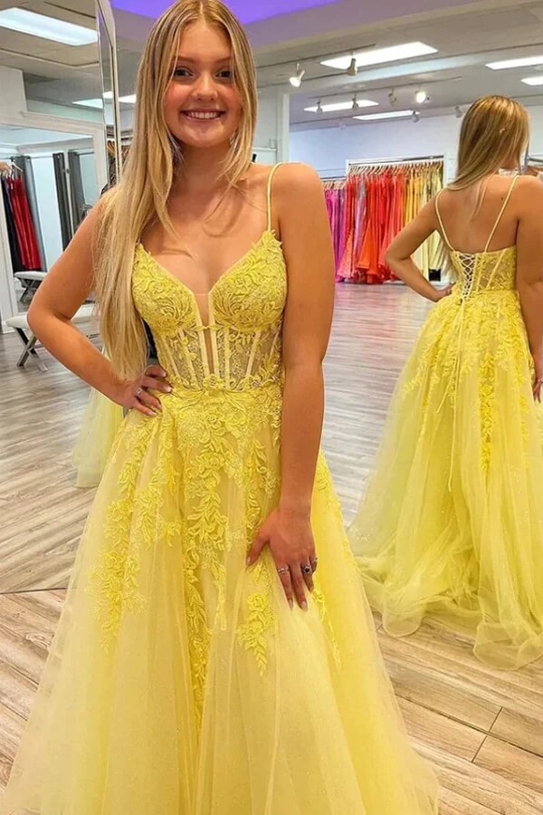 Yellow Tulle V-neck Spaghetti Straps Prom Dresses With Lace Appliques, MP879 Yellow Tulle V-neck Spaghetti Straps Prom Dresses With Lace Appliques, MP879