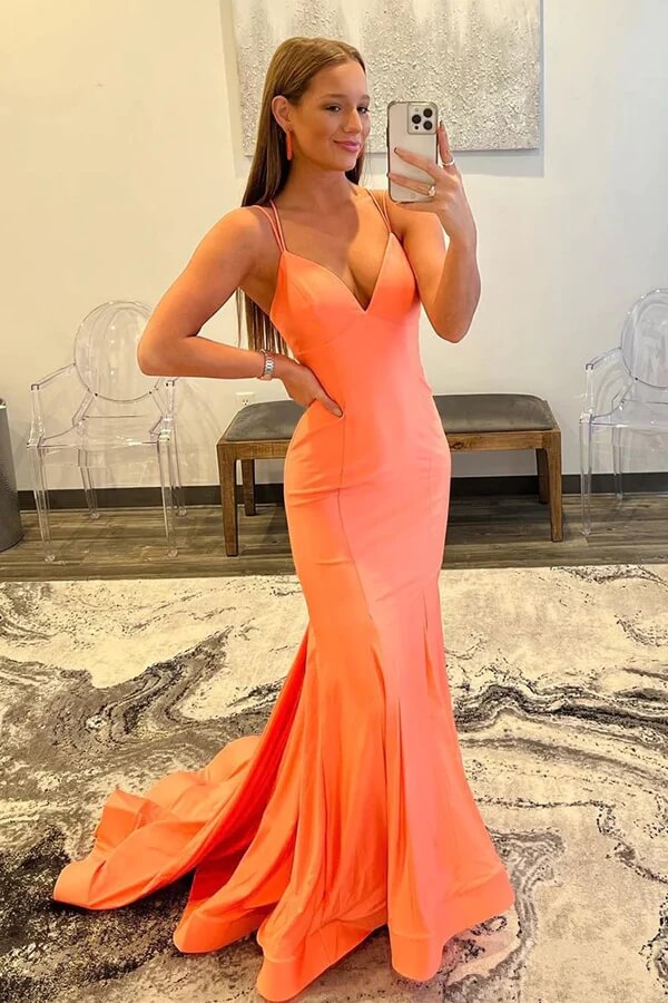 Orange Satin Mermaid Spaghetti Straps Long Prom Dresses With Train, MP931