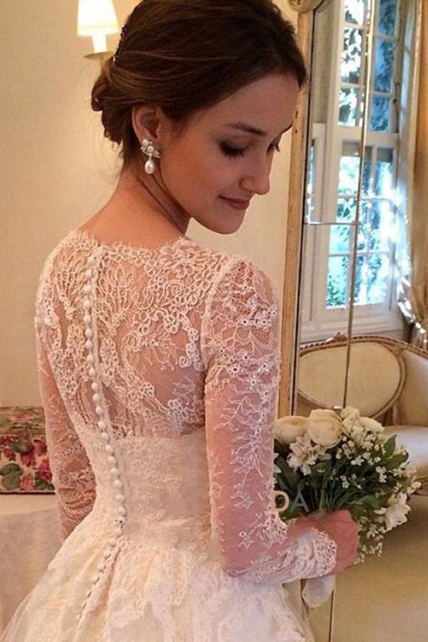 Fabulous A-line V-neck Long Sleeves Court Train Wedding Dresses With  Appliques, MW107 – Musebridals