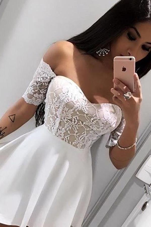 White Off Shoulder Short Sleeve Homecoming Dresses with Appliques, MH390   Musebridals