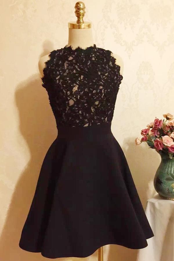 Black Strapless Halter Homecoming Dress With Appliques, Short Prom Dress,  MH124
