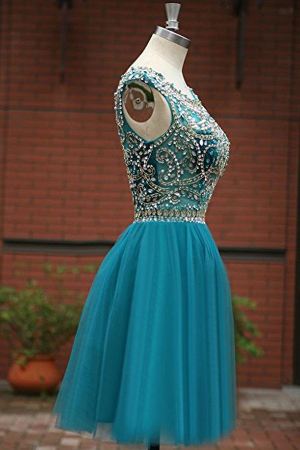 Green Beaded Tulle Scoop Neckline A Line Homecoming Dresses for Girls, MH331