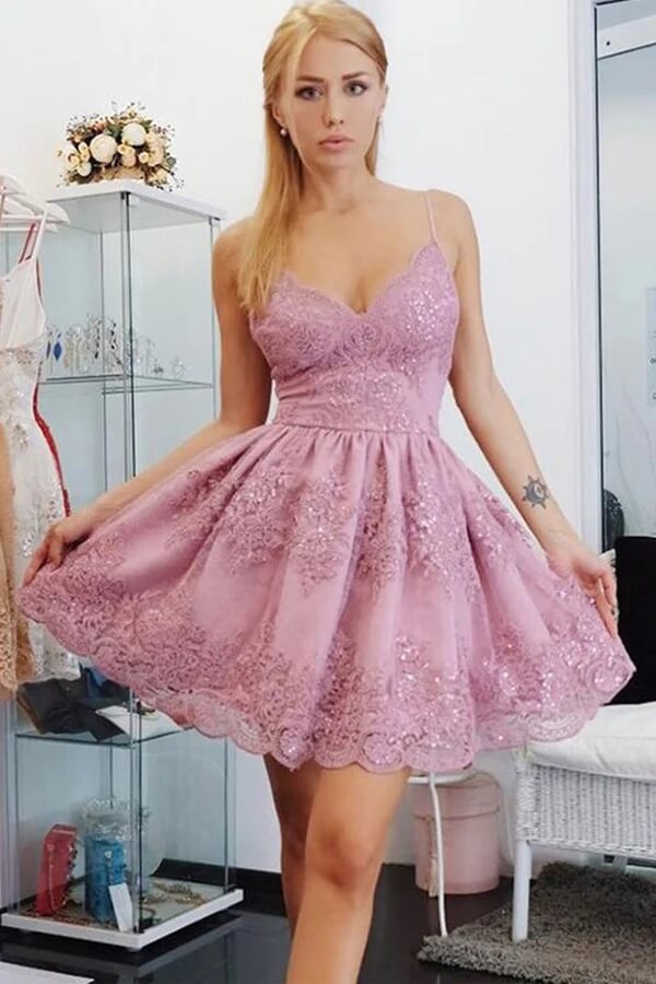 A-Line Lace Spaghetti Straps Homecoming Dresses MH569 | Musebridals A-Line Lace Spaghetti Straps Homecoming Dresses MH569 | Musebridals