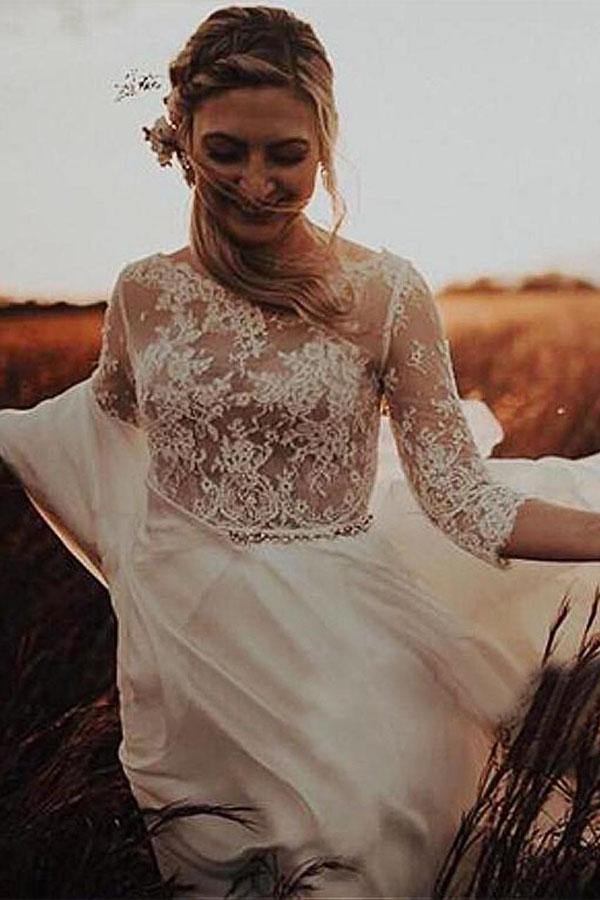 A line 3 4 Sleeves See through Bodice Wedding Dresses Bridal Gown MW831