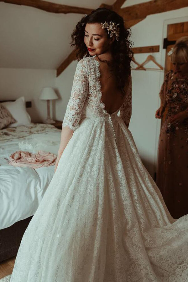 High Neckline Lace A line Long Sleeve Open Back Wedding Dress, Bridal  Dresses, MW166