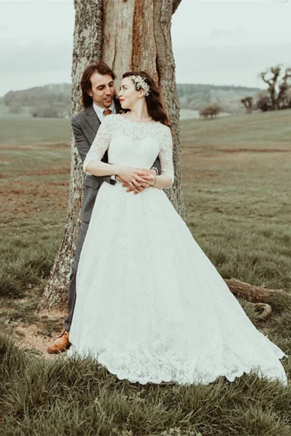 A-line Lace Half Sleeves Backless Vintage Wedding Dresses, Bridal Gown, MW776 A-line Lace Half Sleeves Backless Vintage Wedding Dresses, Bridal Gown, MW776