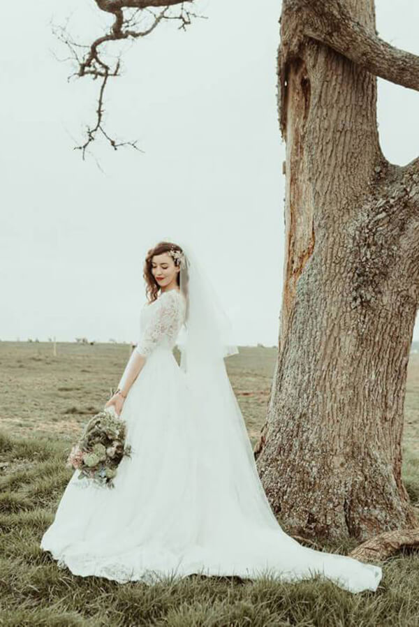 A-line Lace Half Sleeves Backless Vintage Wedding Dresses, Bridal Gown, MW776 | tulle wedding dresses | lace wedding dresses | outdoor wedding dresses | musebridals.com