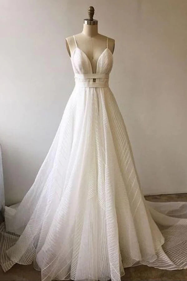 A-line Lace V-neck Backless Prom Dresses With Court Train, Party Dress, MP771 | long prom dresses | party dresses | simple prom dresses | musebridals.com