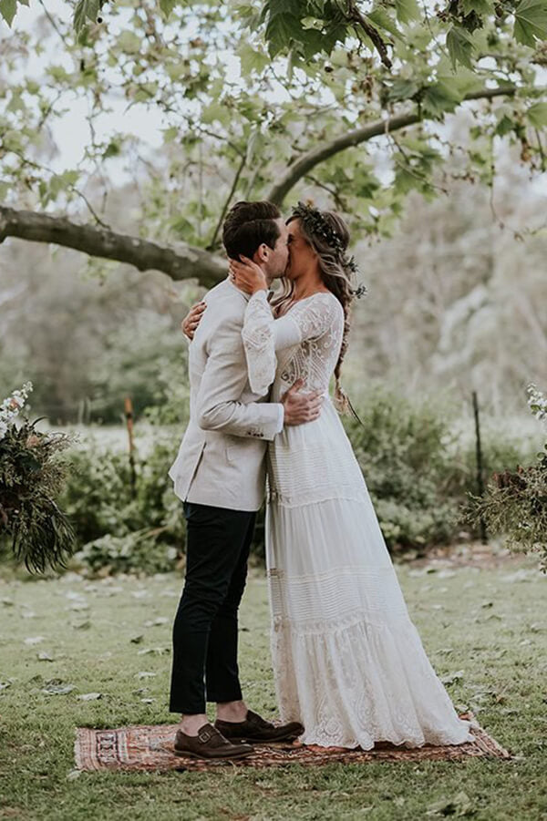 A-line Long Sleeve Deep V-neck Lace Backless Wedding Dresses Long Bridal Dresses,MW343 | beach wedding dresses | long sleeves wedding dress | a line wedding dress | www.musebridals.com