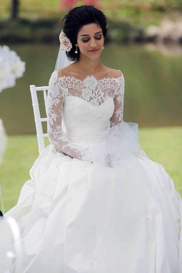 A-line Off Shoulder Long Sleeves Satin Lace Wedding Dresses, Bridal Gown, MW790 A-line Off Shoulder Long Sleeves Satin Lace Wedding Dresses, Bridal Gown, MW790