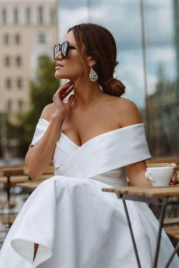 A-line Satin Off Shoulder Tea-Length Wedding Dress MW721 | Musebridals A-line Satin Off Shoulder Tea-Length Wedding Dress MW721 | Musebridals