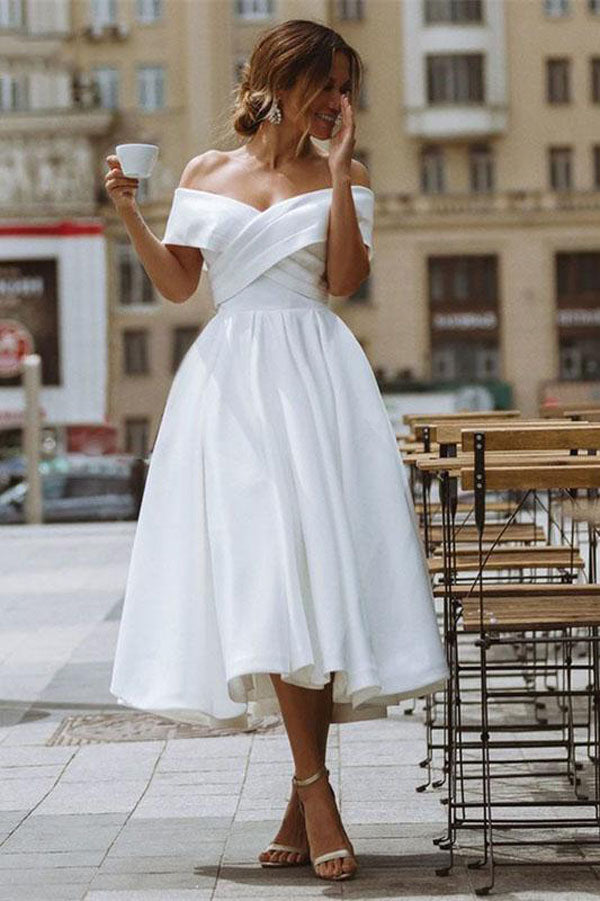 A-line Satin Off Shoulder Tea-Length Wedding Dresses, Wedding Gown, MW721 A-line Satin Off Shoulder Tea-Length Wedding Dresses, Wedding Gown, MW721