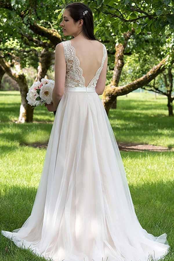 A-line V-neck Lace Top Tulle Skirt Beach Wedding Dresses, Wedding Gown, MW743 A-line V-neck Lace Top Tulle Skirt Beach Wedding Dresses, Wedding Gown, MW743