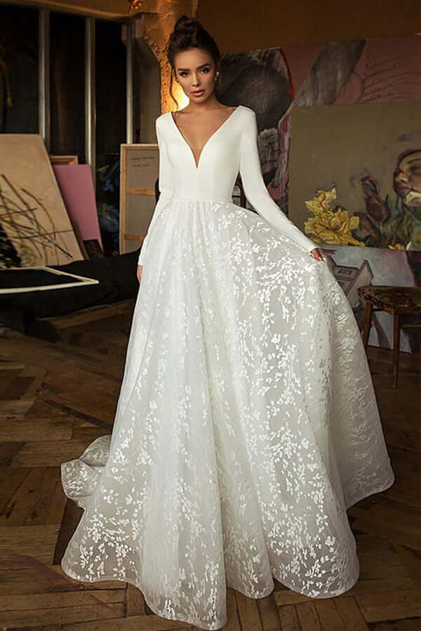 A-line V-neck Long Sleeves Wedding Dresses With Court Train, Bridal Gown, MW782 A-line V-neck Long Sleeves Wedding Dresses With Court Train, Bridal Gown, MW782
