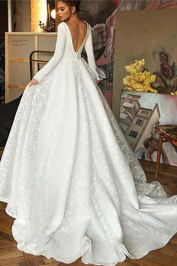 A-line V-neck Long Sleeves Wedding Dresses With Court Train, Bridal Gown, MW782 A-line V-neck Long Sleeves Wedding Dresses With Court Train, Bridal Gown, MW782