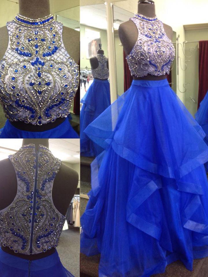 Charming Royal Blue Beaded A-line Ball Gown Top Two Piece Prom Dresses, MP161 at musebridals.com