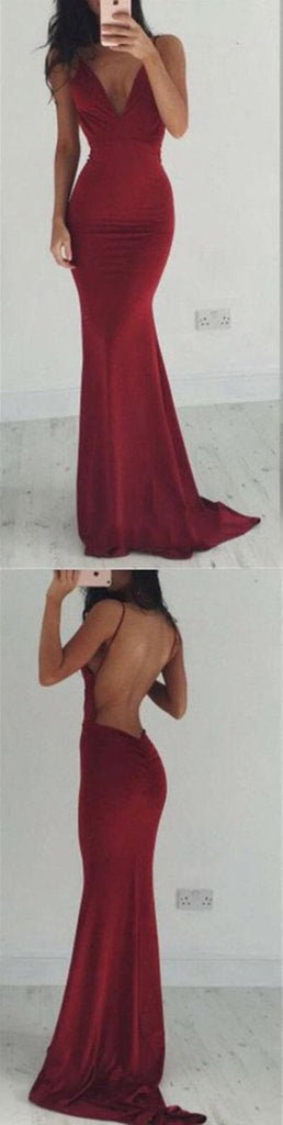 Burgundy Backless Spaghetti Straps V-neck Long Prom Dresses, Evening Dresses, MP122