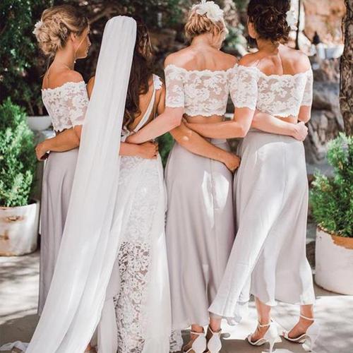 Beautiful Chiffon Lace Top Two pieces Short Sleeve Beach Wedding Bridesmaid Dress, MB200 Beautiful Chiffon Lace Top Two pieces Short Sleeve Beach Wedding Bridesmaid Dress, MB200